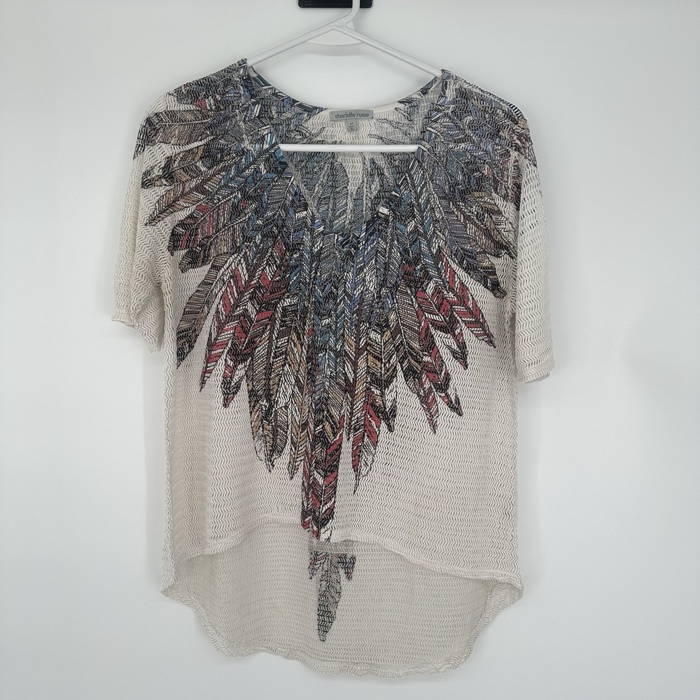 Charlotte Russe Women's Feather Print Sheer Open Knit Boho Festival Top M Cream